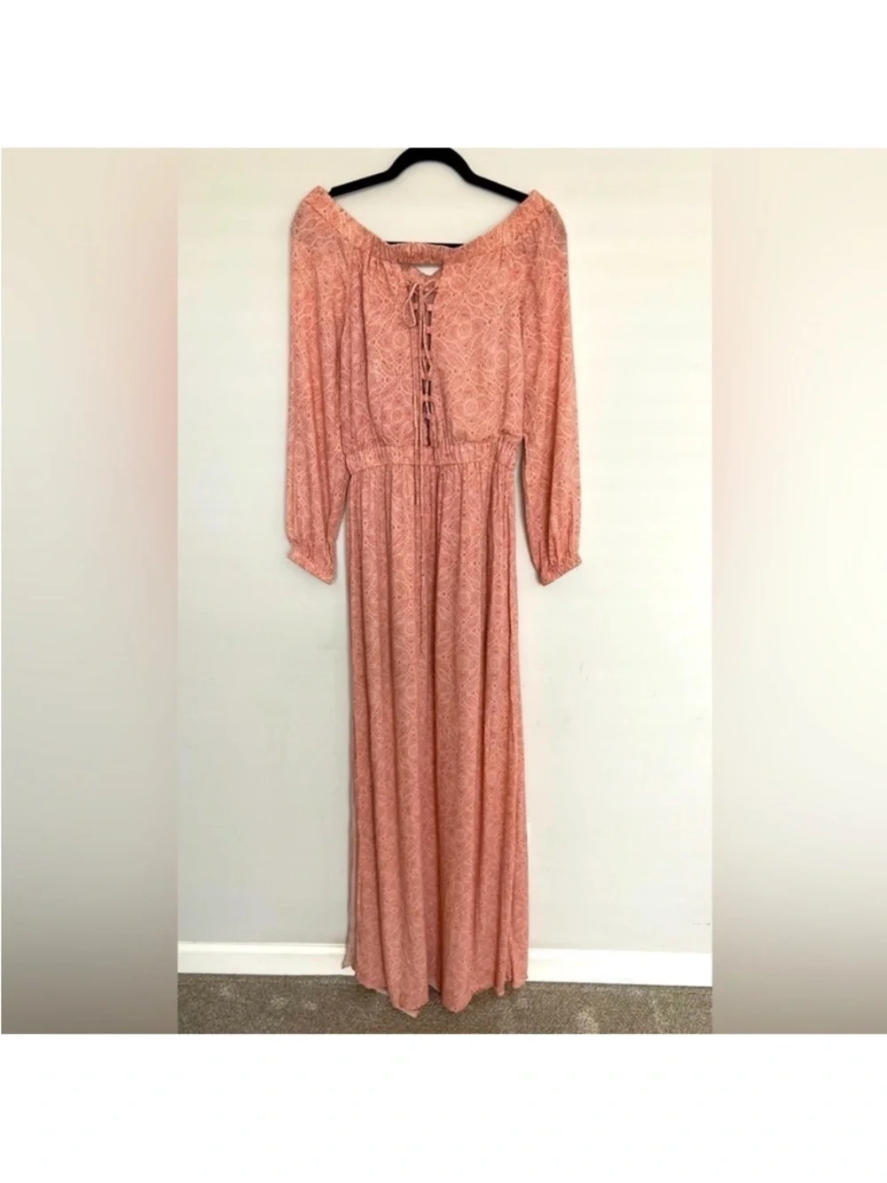 Honey Belle Womens Pink‎ Geometric Print Off Shoulder Maxi Dress Lace Up Back L